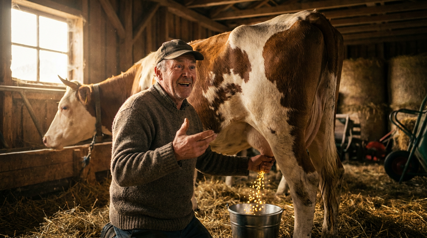 Photo illustrating a joke about milking a cow