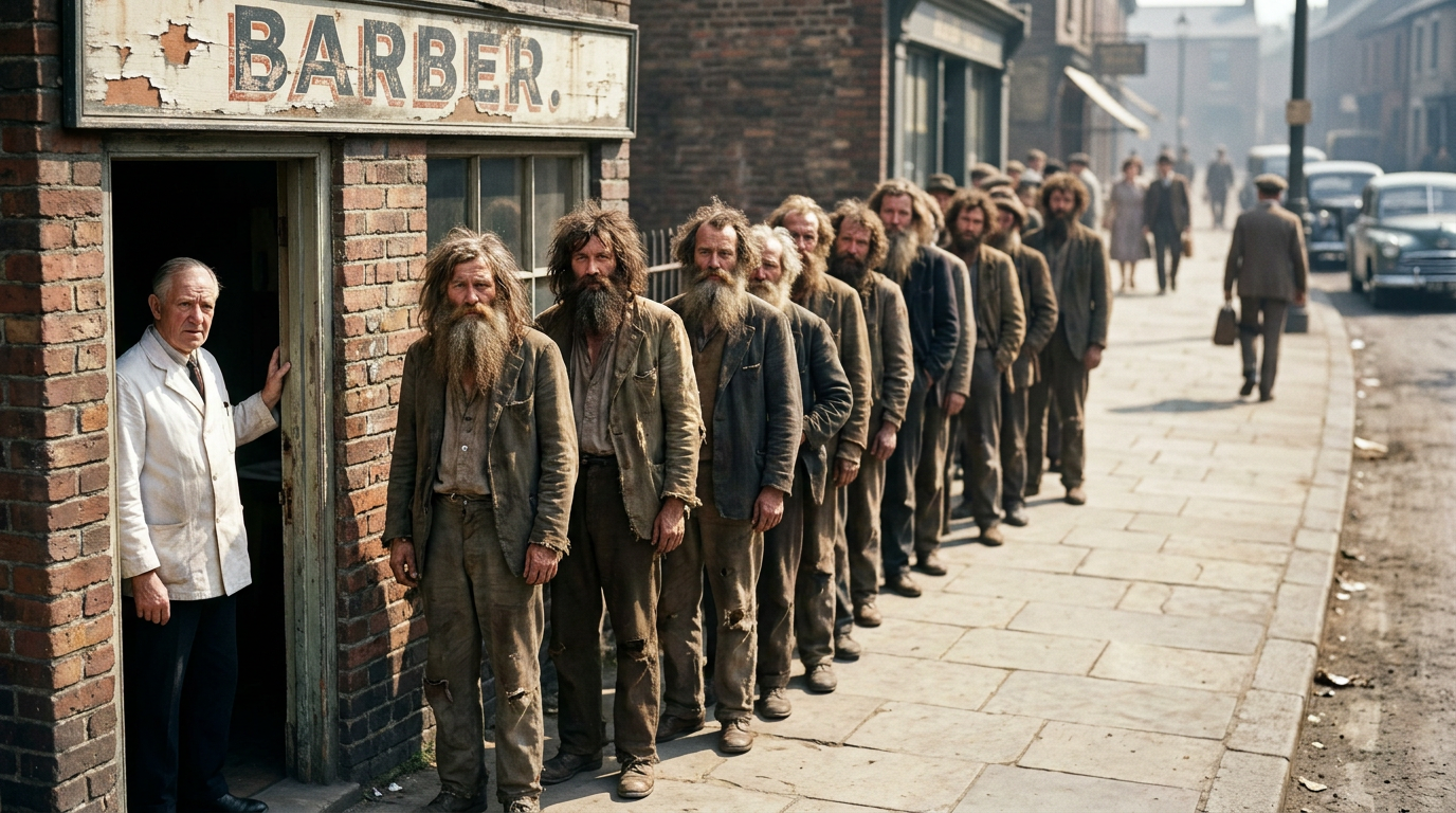 Photo illustrating a joke about barbershop queue