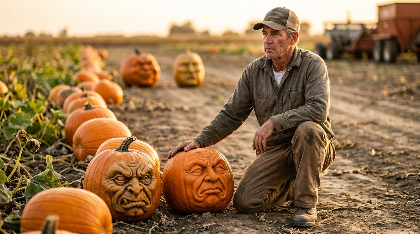 Farmer Grows Pumpkins Already Wearing Their Halloween Faces