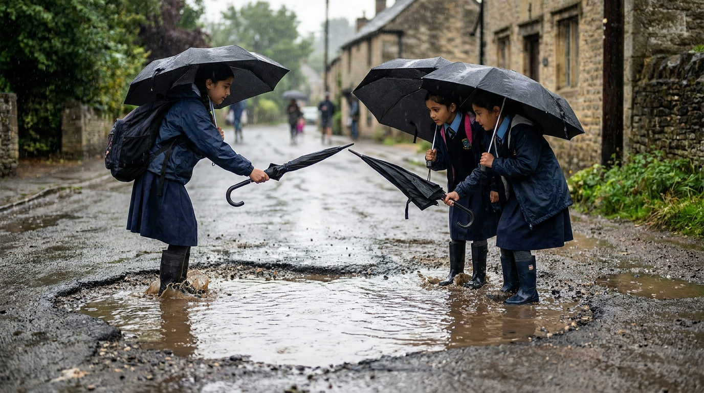Photo illustrating a joke about Village pothole crisis